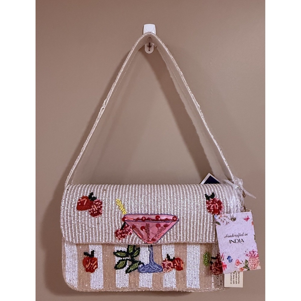 Handcrafted in India Beaded Strawberry Margarita Drink Cocktail Striped Bag NWT